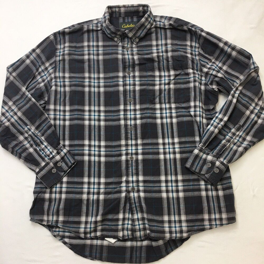 CABELAS Flannel Shirt Mens XL Gray Cyan Tattersall Plaid Check Grunge Outdoor
